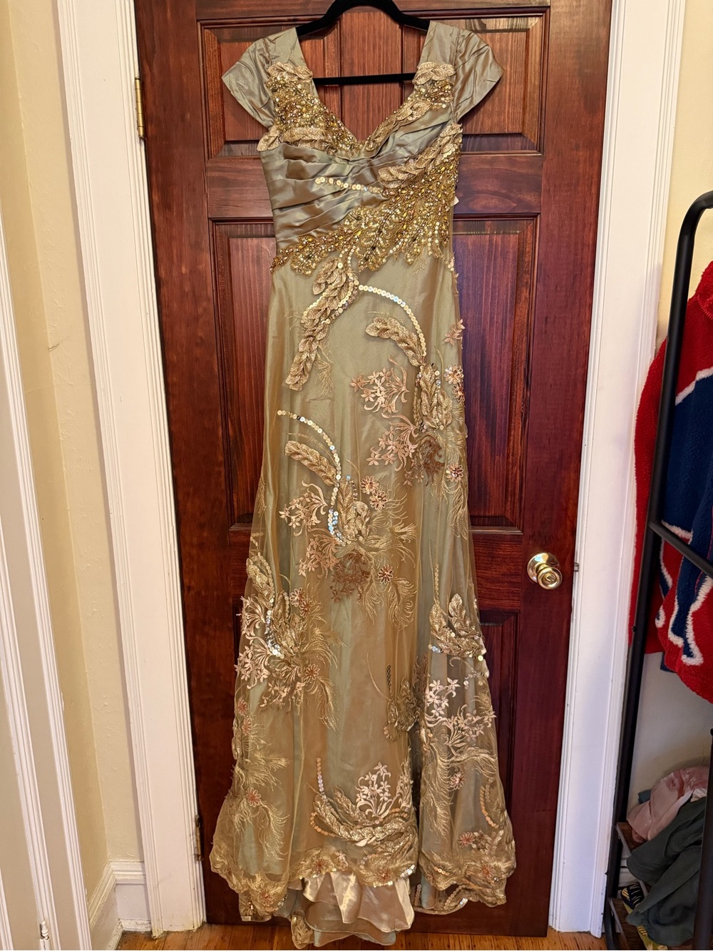 Mac Duggal Couture Gold Embellished Olive Evening Gown